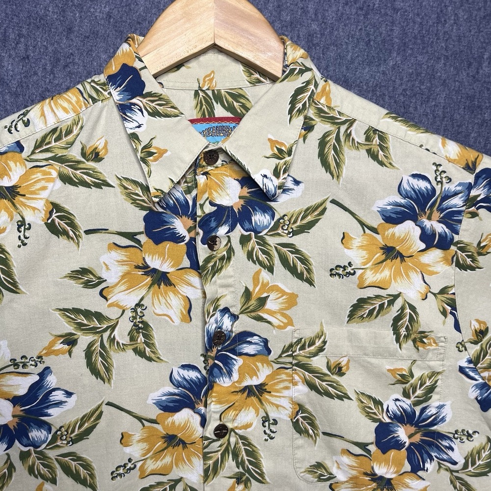 Reyn Spooner Joe Kealoha's Mens Medium Tan Floral Hibiscus Hawaiian Cotton Shirt